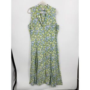 Anokhi Block Print Button Front Dress Womens 14 Green Blue Cotton Sleeveless
